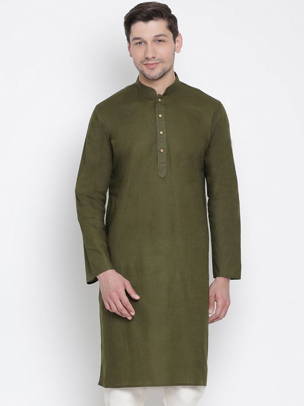 Vastramay Men s Green Cotton Linen Blend Kurta For Discount