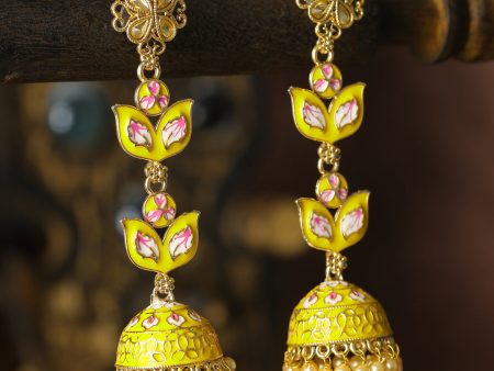 Priyaasi Women Yellow Gold Plated Meenakari Floral Jhumka For Discount