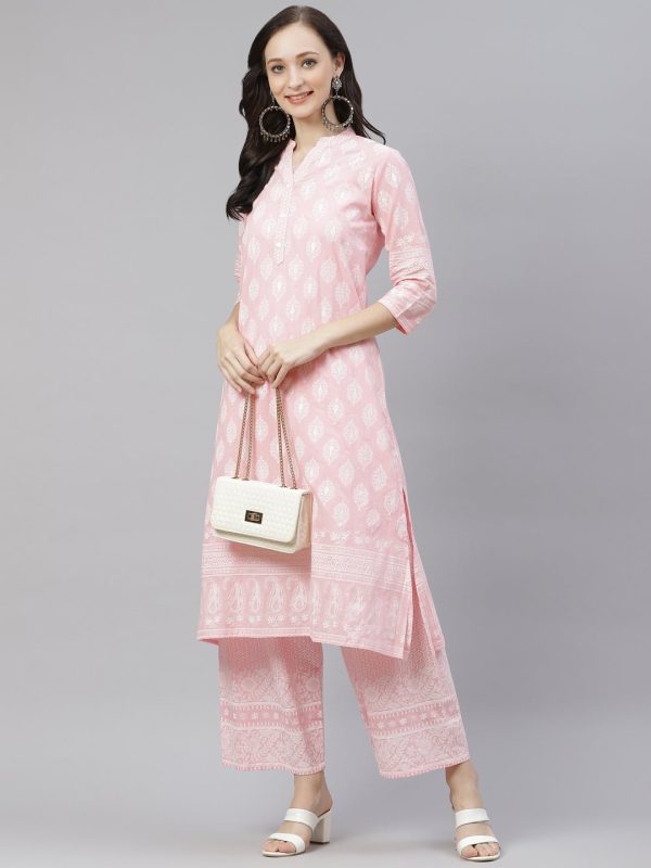 Wahe-NOOR Women s Baby Pink Cotton Kurta Palazzo Set Online Sale