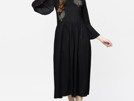 NOZ2TOZ Black Full Sleeve Golden Boota Printed Cotton Maxi Dress For Sale