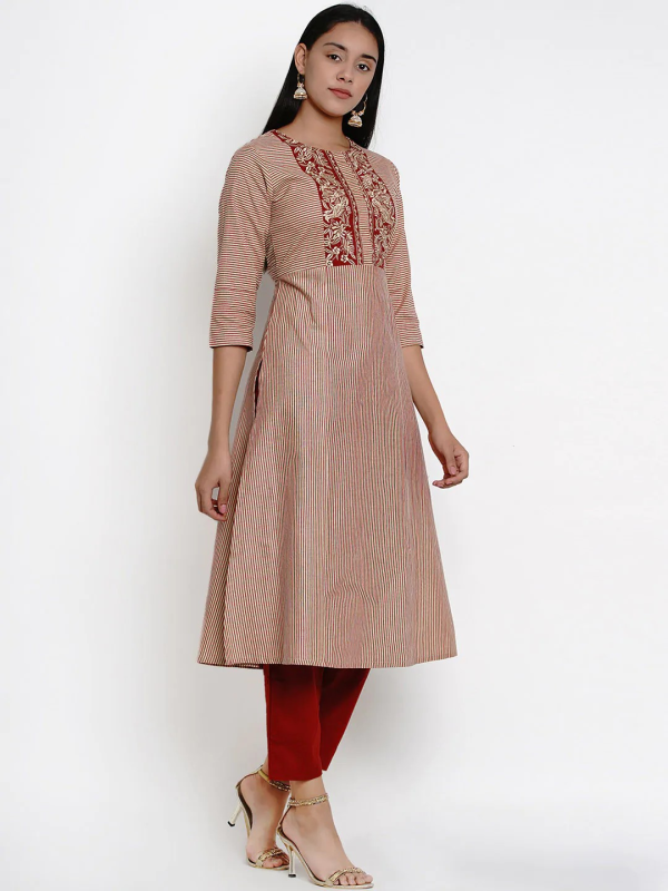 Wahe-NOOR Women s Beige & Maroon Striped Kurti With Palazzos Online