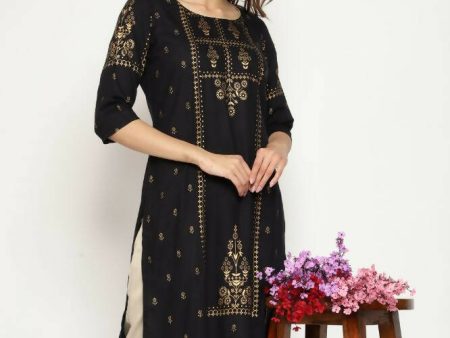 Maai Rayon Hand Printed Kurta Black Discount