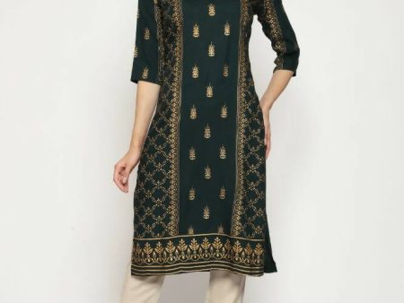 Maai Rayon Hand Printed Kurta Green on Sale