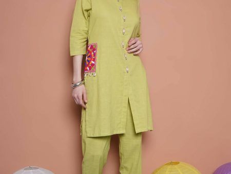 Women Republic Green Cotton Kurta Set With Embroidered Pockets on Sale