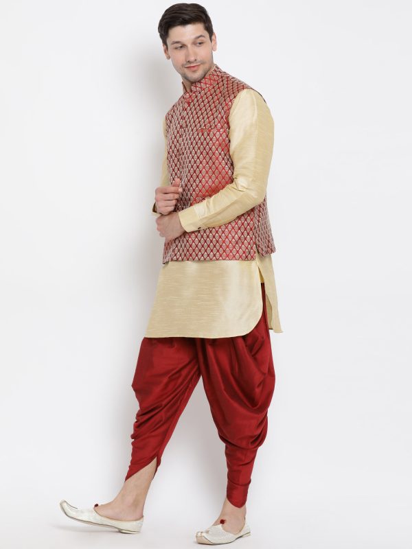 Vastramay Men s Gold Silk Blend Jacket, Kurta and Dhoti Set Hot on Sale