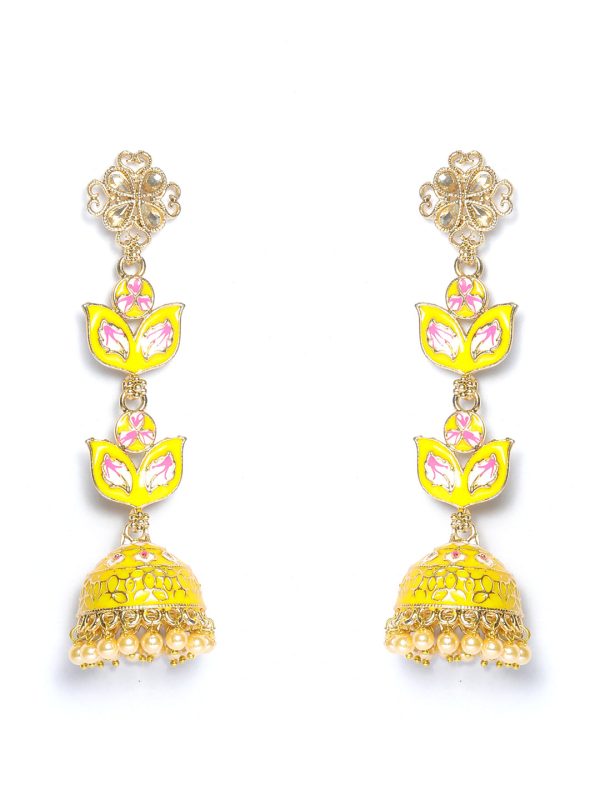 Priyaasi Women Yellow Gold Plated Meenakari Floral Jhumka For Discount