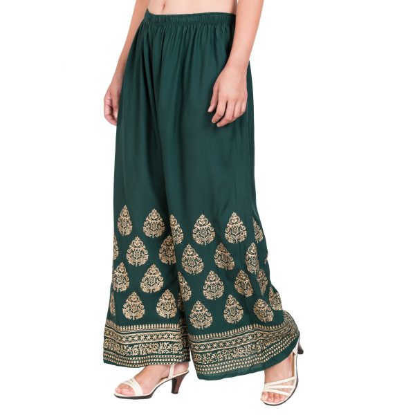 PAVONINE Bottle Green Color Golden Printed Rayon Fabric Sharara For Women Online