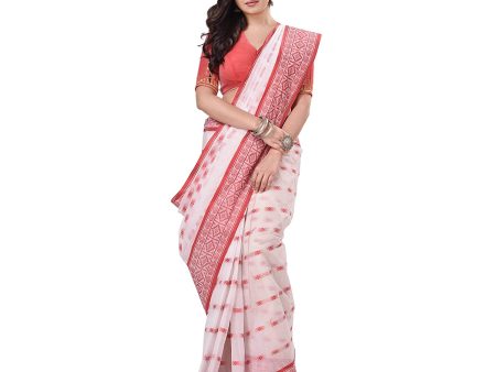 Desh Bidesh Women s Traditional Bengal Tant Woven Lal Paar Sada Design Pure Handloom Cotton Saree Without Blouse Piece Hot on Sale