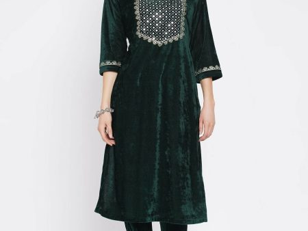 Women Republic Green Velvet Embroidered Kurta With Pant Online