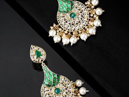 Priyaasi Women Gold Plated Floral Pattern Kundan Studded Teardrop Shaped Green Earrings For Cheap