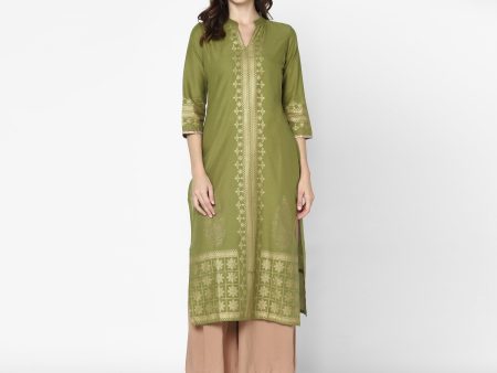 Maai Rayon Hand Printed Kurta Olive Supply