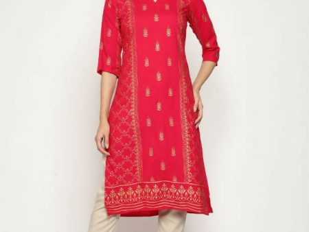 Maai Rayon Hand Printed Kurta Red Fashion