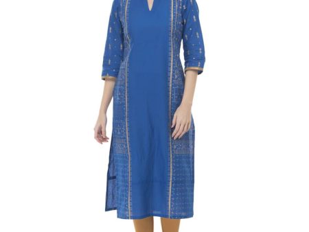 Wahe-NOOR Women s Royal Blue Ajrakh Hand Block Cotton Printed Straight Kurta With Collar Detail Sale