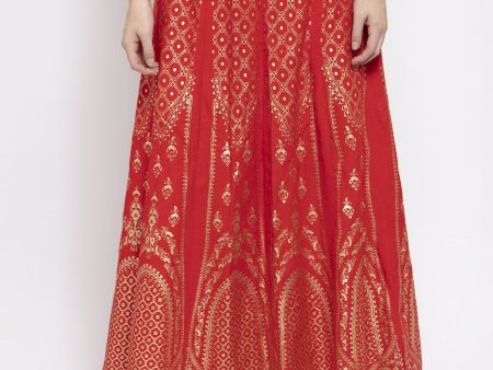 Wahe-NOOR Women s Red Printed Flared Rayon Skirt Cheap