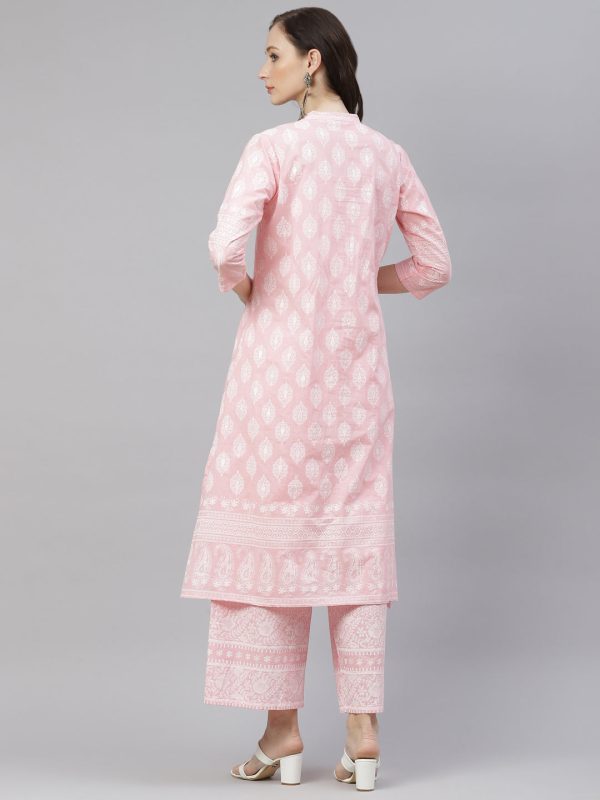 Wahe-NOOR Women s Baby Pink Cotton Kurta Palazzo Set Online Sale