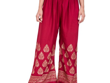 PAVONINE Maroon Color Golden Printed Rayon Fabric Sharara For Women on Sale