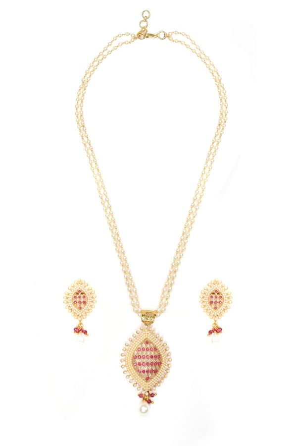 Priyaasi Women White Beads Ruby Gold Plated Pendant Set Online