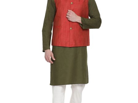 Vastramay Men s Green Cotton Linen Blend Jacket, Kurta and Pyjama Set For Cheap