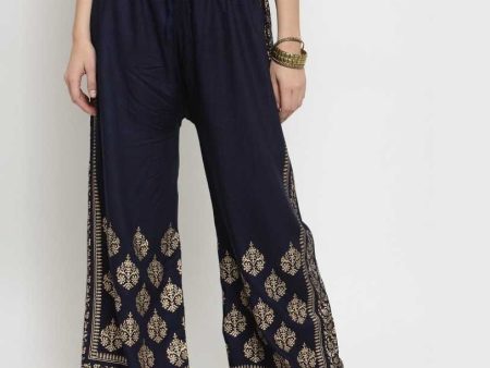 PAVONINE Navy Blue Color Block Side Printed Rayon Fabric Sharara For Women Online Sale