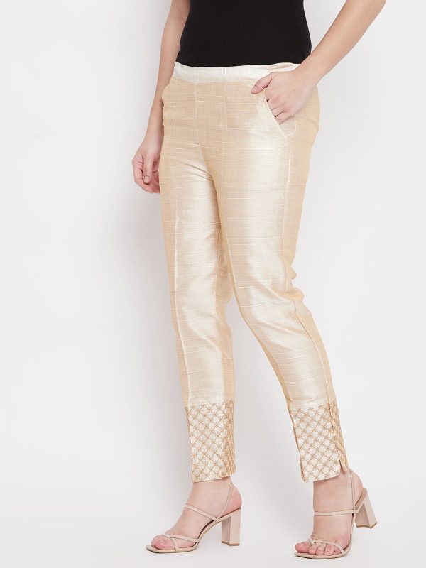 Wahe-NOOR Women s Light Fawn Hem Design Poly Silk Trouser Online