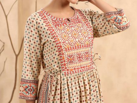 Juniper Women s Beige Rayon Printed Embroidered Straight Kurta For Cheap