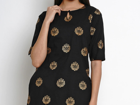 Wahe-NOOR Women s Black & Gold Floral Print Straight Kurti Fashion