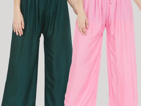 Wahe-NOOR Women s Solid Bottle Green & Pink Rayon Palazzo (Set Of 2) Sale