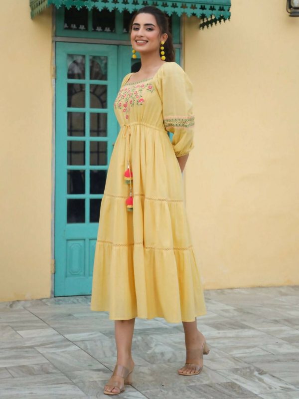 Juniper Women s Yellow Cotton Dobby Embroidered Flared Dress on Sale