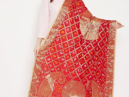 Wahe-NOOR Women s Red Woven Design Banarasi Bandhej Dupatta Sale