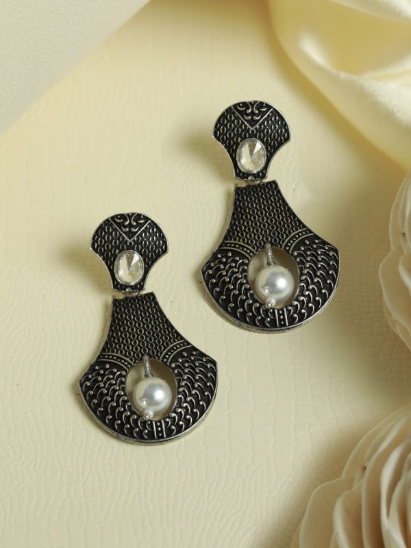 Priyaasi Women Stylish Embossed Studded Oxidised Silver Earrings For Discount