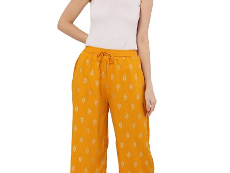 PAVONINE Mustard Color Full Golden Leaf Print Palazzo For Women Pant Online