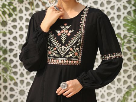 Juniper Women s Black Rayon Crepe Solid With Embroidery Straight Tunic Online Sale