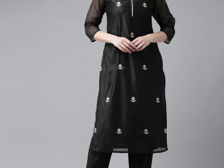 Wahe-NOOR Women s Black & Cream-Coloured Embroidered Kurta With Trousers Fashion