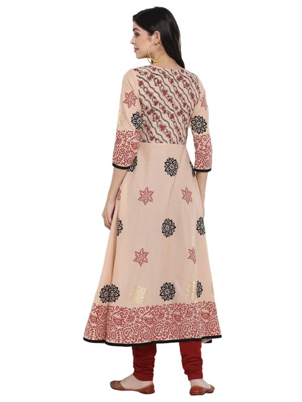 Wahe-NOOR Women s Beige Block Print Anarkali Kurta For Cheap