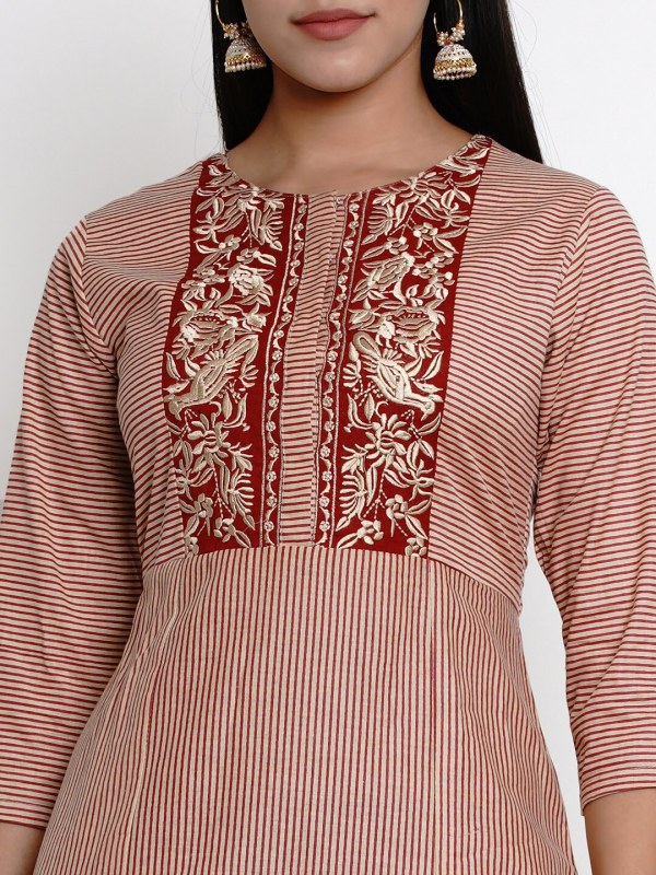 Wahe-NOOR Women s Beige & Maroon Striped Kurti With Palazzos Online