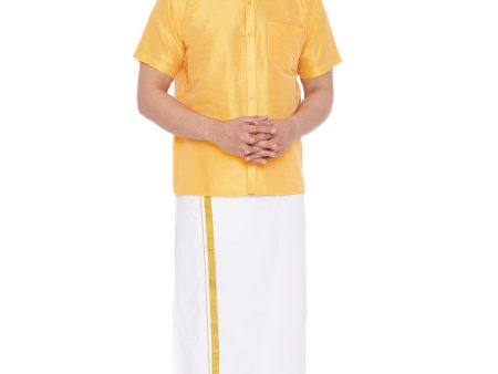 Vastramay Men s Yellow and White Silk Blend Shirt And Mundu Cheap