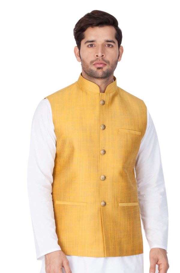 Vastramay Men s Gold Cotton Silk Nehru Jacket Sale