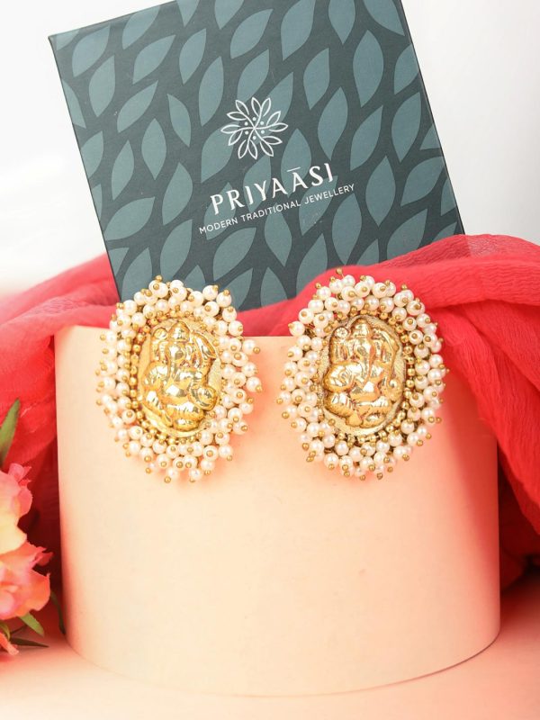 Priyaasi Women White Beads Gold Plated Temple Stud Earrings For Cheap