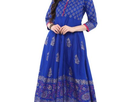 Wahe-NOOR Women s Royal Blue Festive Ajrakh Hand Block Cotton Printed Anarkali For Sale