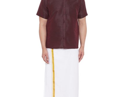 Vastramay Men s Wine and White Silk Blend Shirt And Mundu Hot on Sale