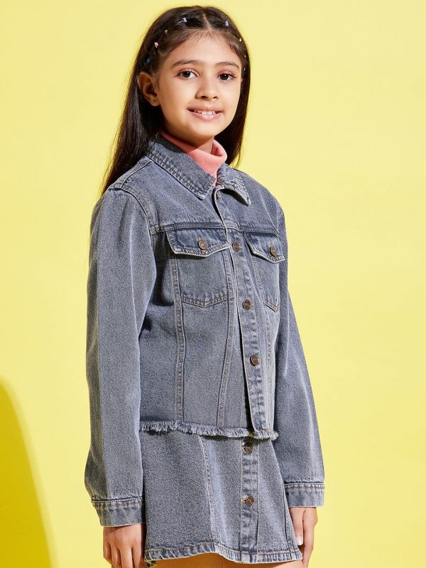 Lyush Grey Acid Wash Raw Hem Denim Crop Jacket For Girls For Sale