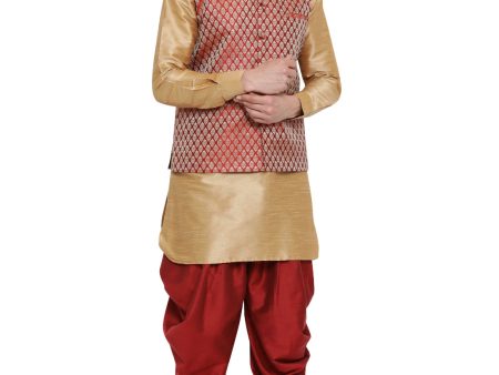 Vastramay Men s Gold Silk Blend Jacket, Kurta and Dhoti Set Online