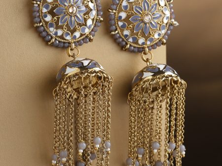 Priyaasi Women Gold Plated Grey & White Tasselled Chains Jhumki Earrings Hot on Sale