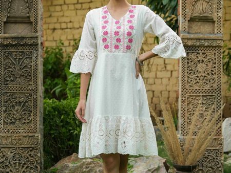 Juniper White Cotton Dobby Festive Embroidered Tiered Dress For Women Online