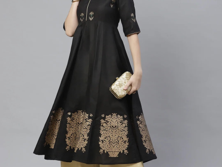 Wahe-NOOR Women s Black & Golden Ethnic Block Printed Anarkali Kurta For Cheap