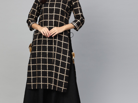 Wahe-NOOR Women s Black & Golden Foil Checked Kurta With Skirt For Sale