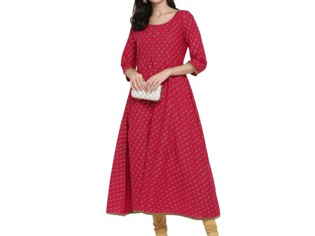 Wahe-NOOR Women s Red Cotton Printed Anarkali Kurti With Block Print Supply