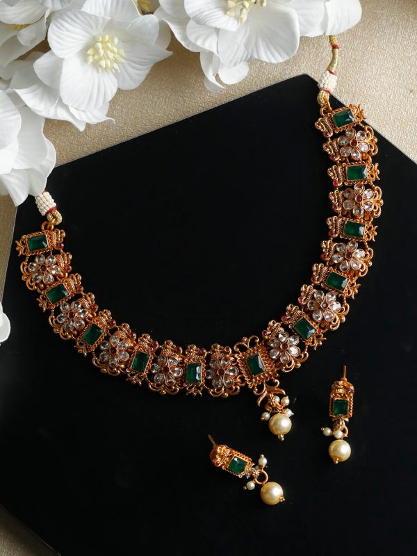 Priyaasi Women Ethnic Ruby & Green Gold Plated Floral Jewellery Set Discount