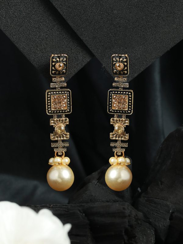 Priyaasi Women Floral Block Gold Plated Pearl Drop Earrings For Sale