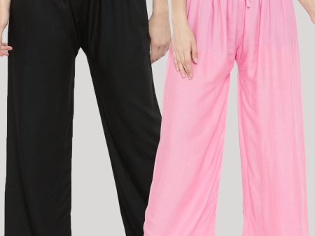 Wahe-NOOR Women s Solid Black & Pink Rayon Palazzo (Set Of 2) For Cheap